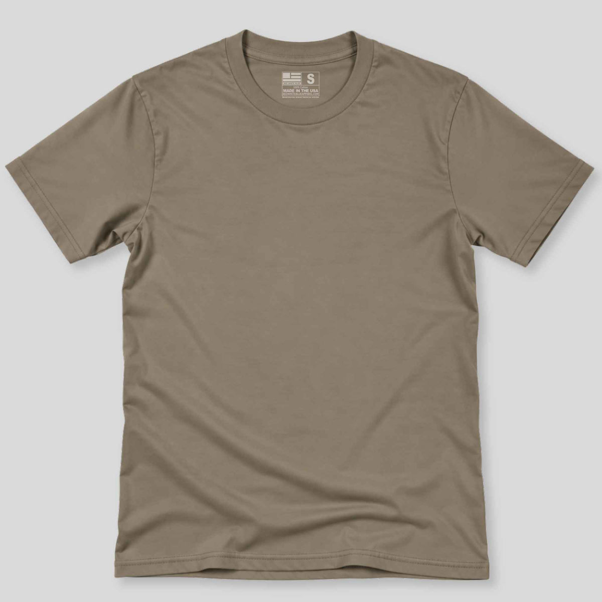 A short-sleeve crewneck t-shirt in a muted taupe-brown color, laid flat against a light gray background.