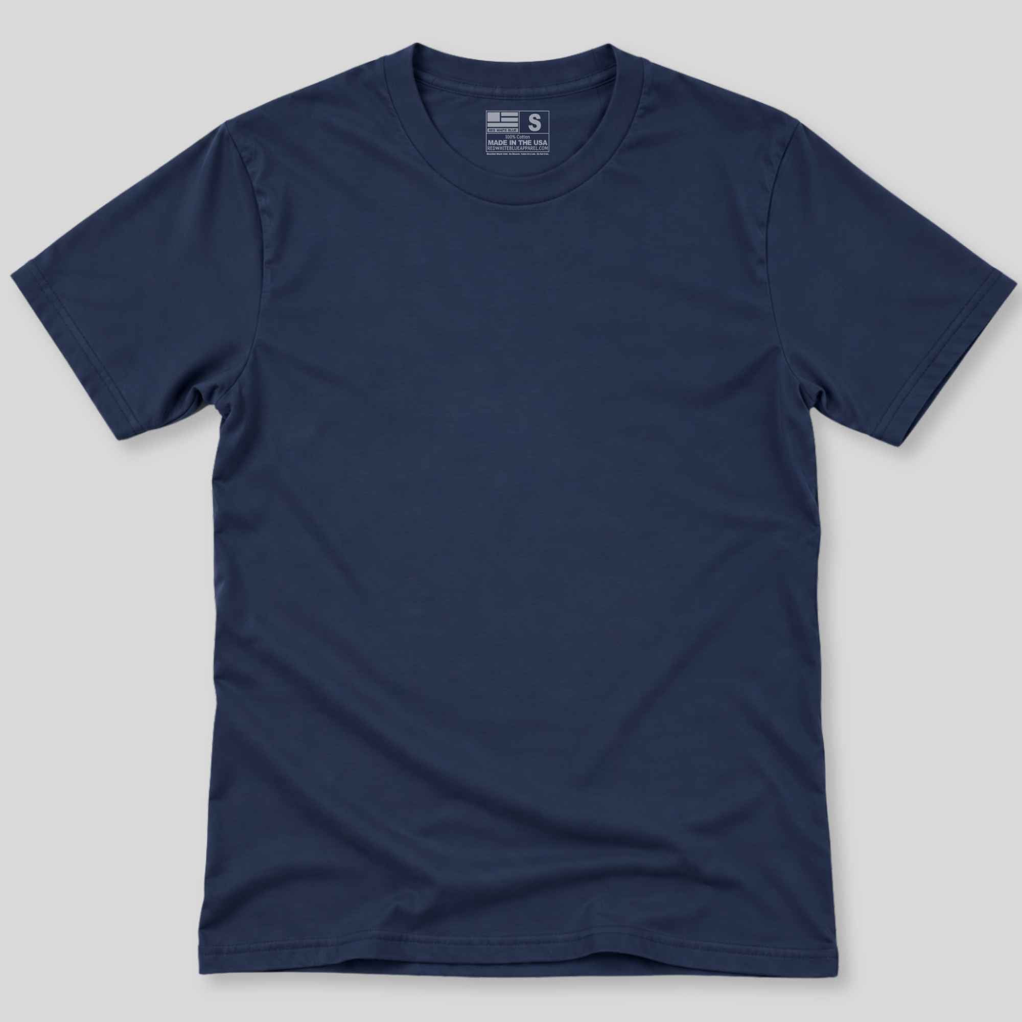 A navy blue short-sleeve crewneck t-shirt laid flat against a light gray background.