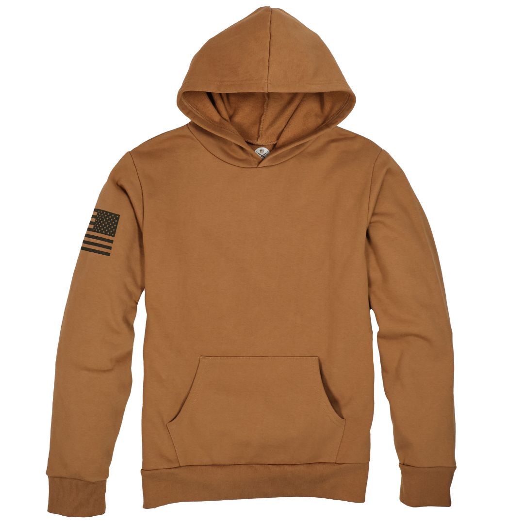 Men's Patriotic American Flag on Sleeve Heavyweight 100% Cotton Work Hoodie - no strings in Workwear Brown with Black Flag | Made in the USA