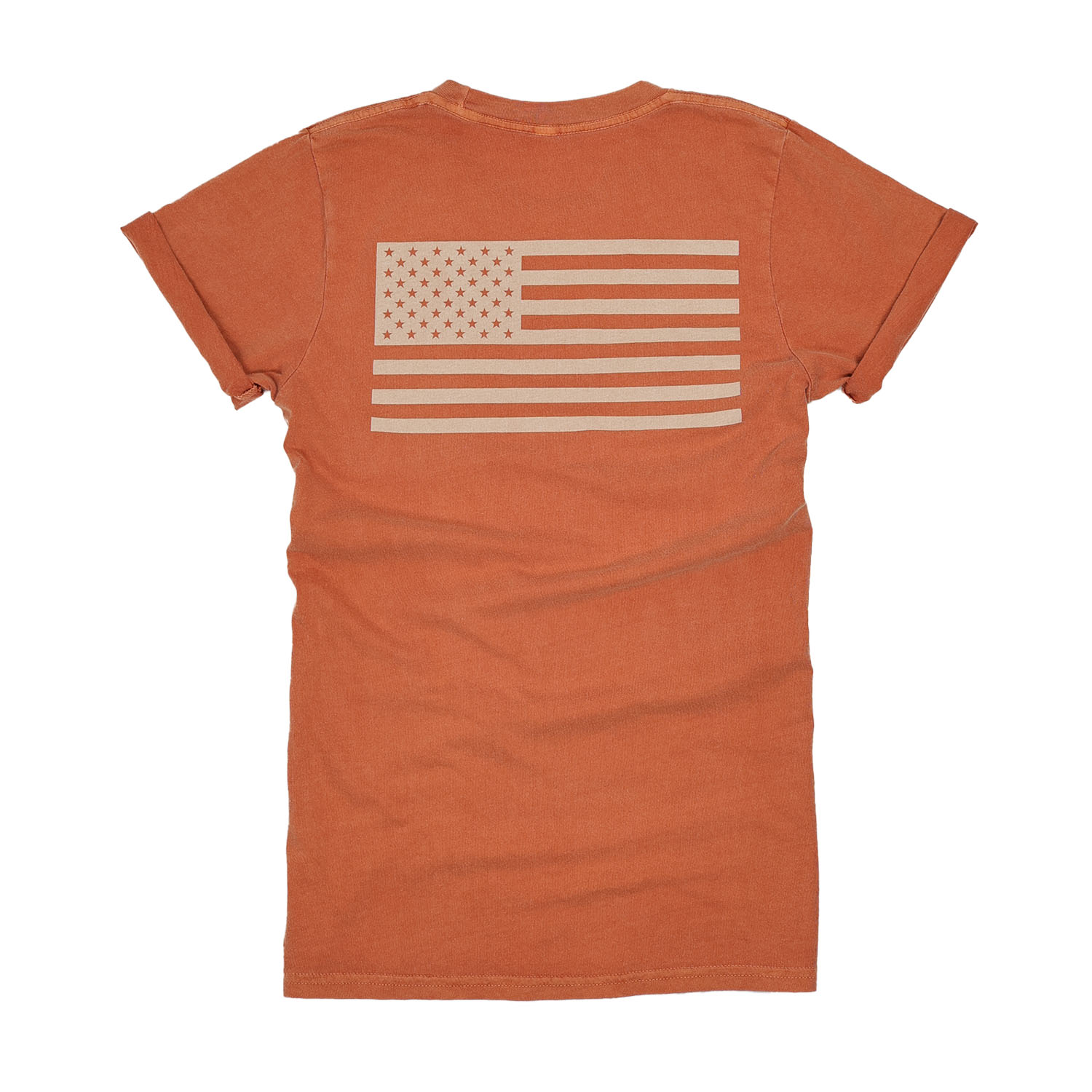 Women's Patriotic Live Free American Flag T-Shirt | American Made - Back USA Flag - Burnt Orange