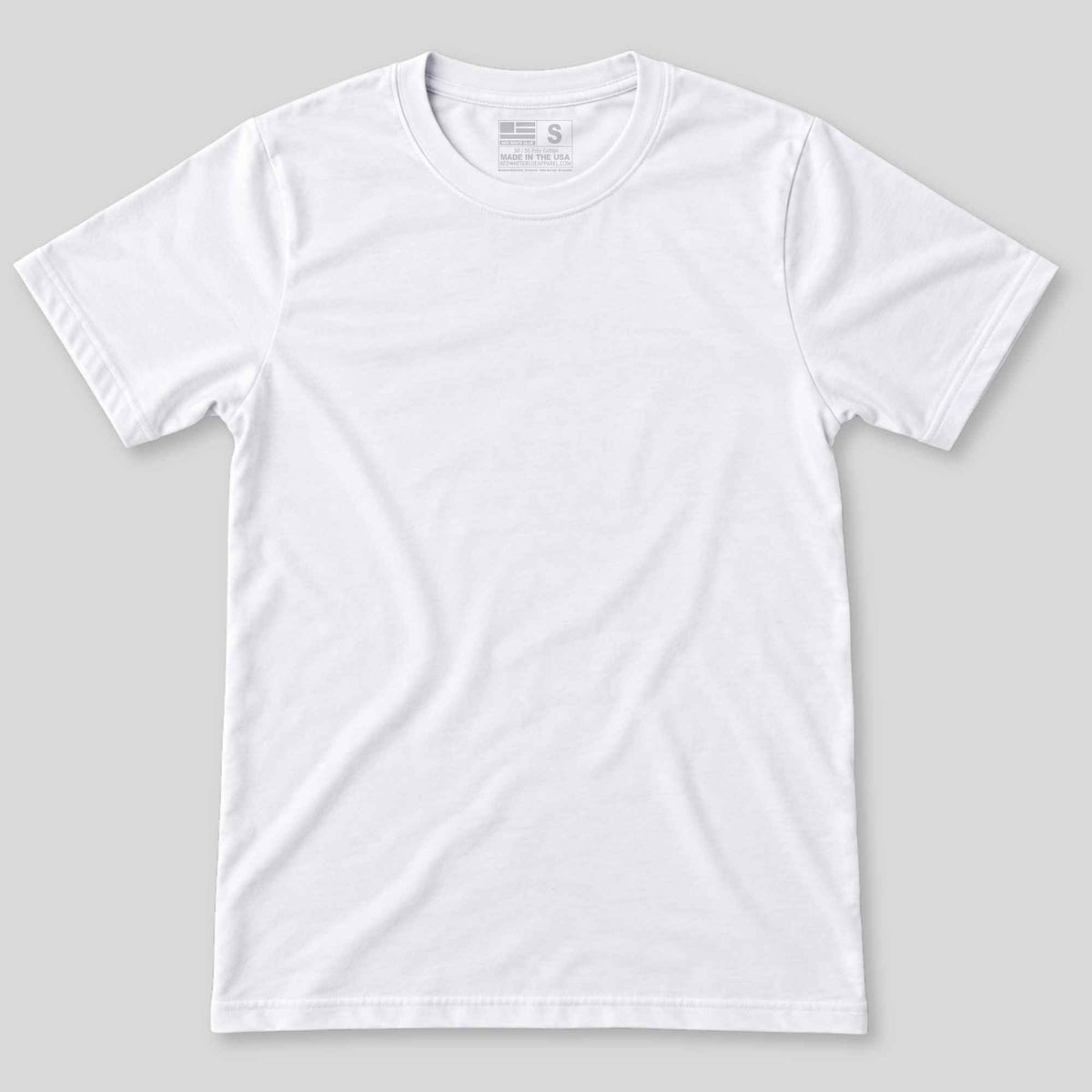 A plain white short-sleeve crewneck t-shirt laid flat against a light gray background.