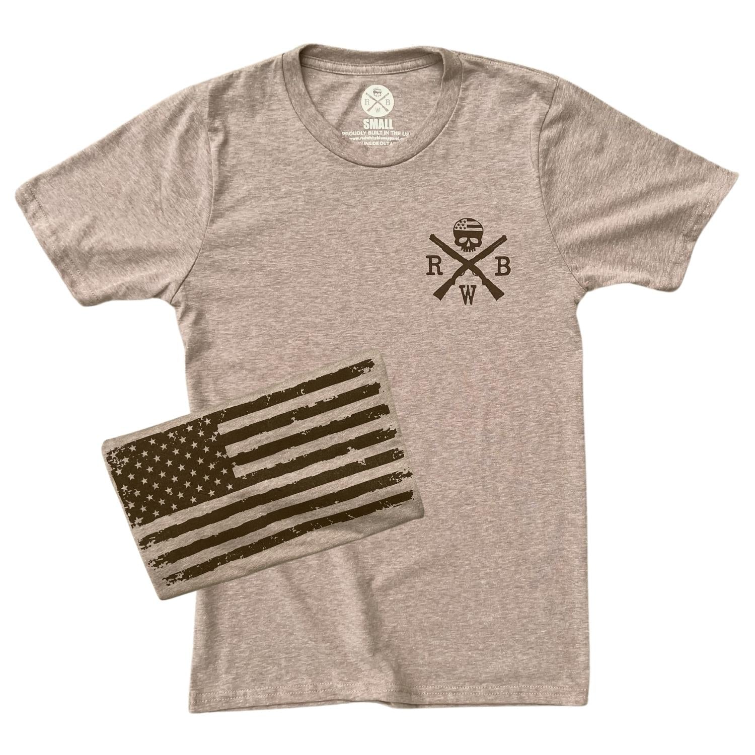 Men's Old Glory Patriotic American Flag and RWB Logo T-shirt/ Made in USA (Sand)
