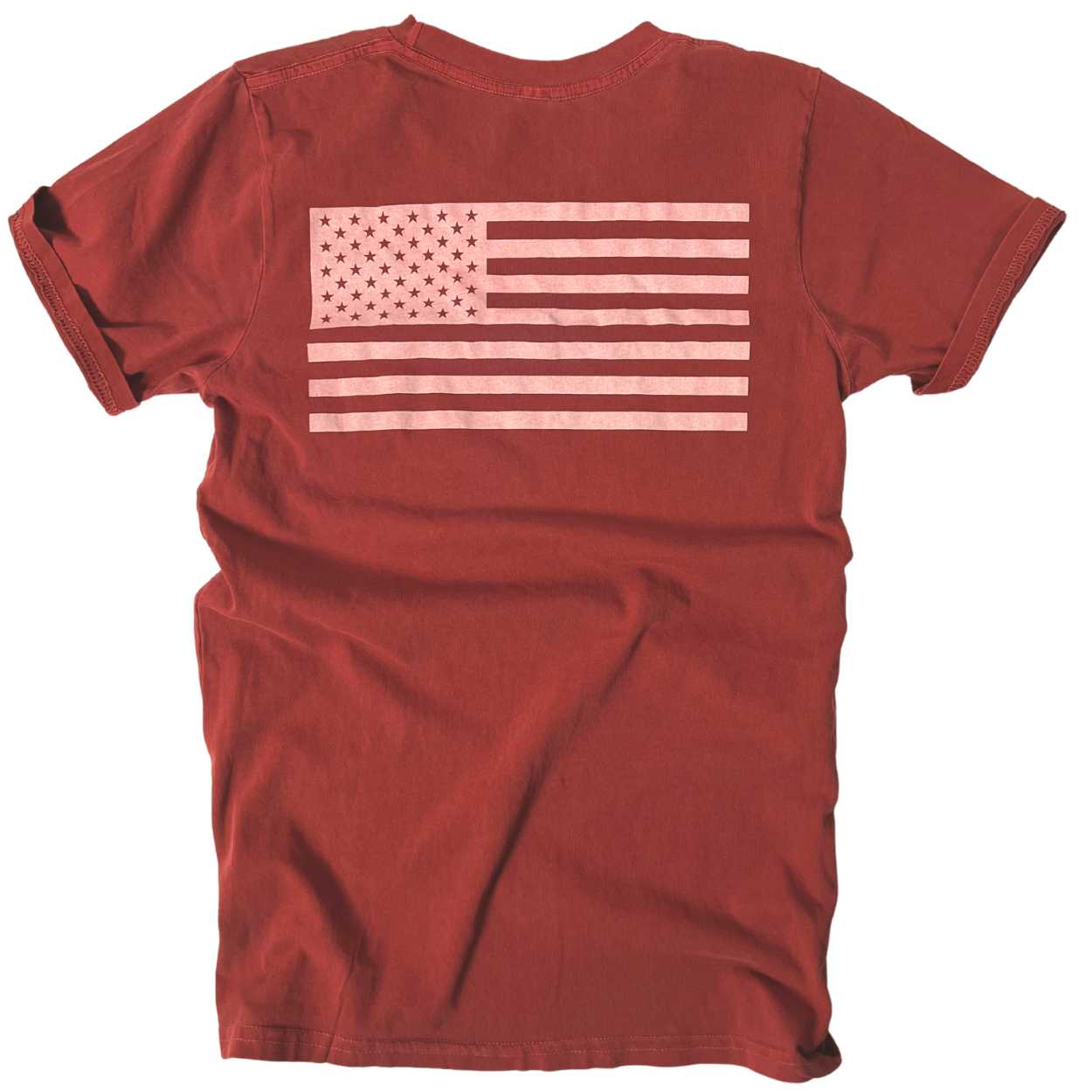 Women's Patriotic Live Free American Flag T-Shirt | American Made - Back USA Flag - Brick Red