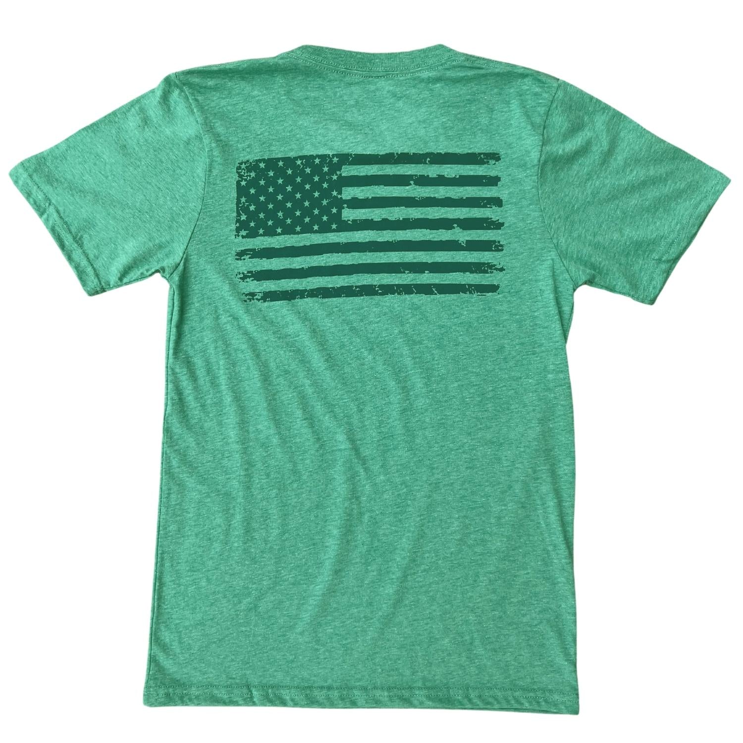Men's Old Glory Patriotic American Flag and RWB Logo T-shirt/ Made in USA (Kelly Green) Back View
