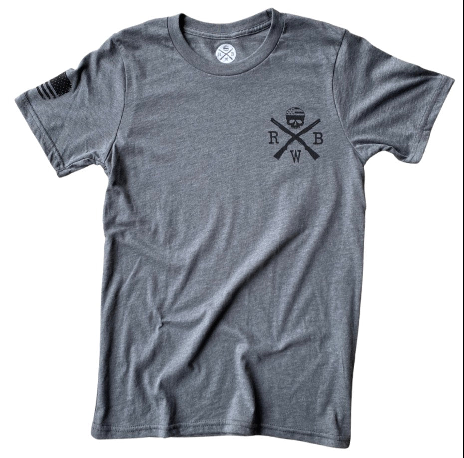 Men's American Made T-Shirt in Heather Gray
Front Design: RWB Logo
Right Sleeve: American Flag