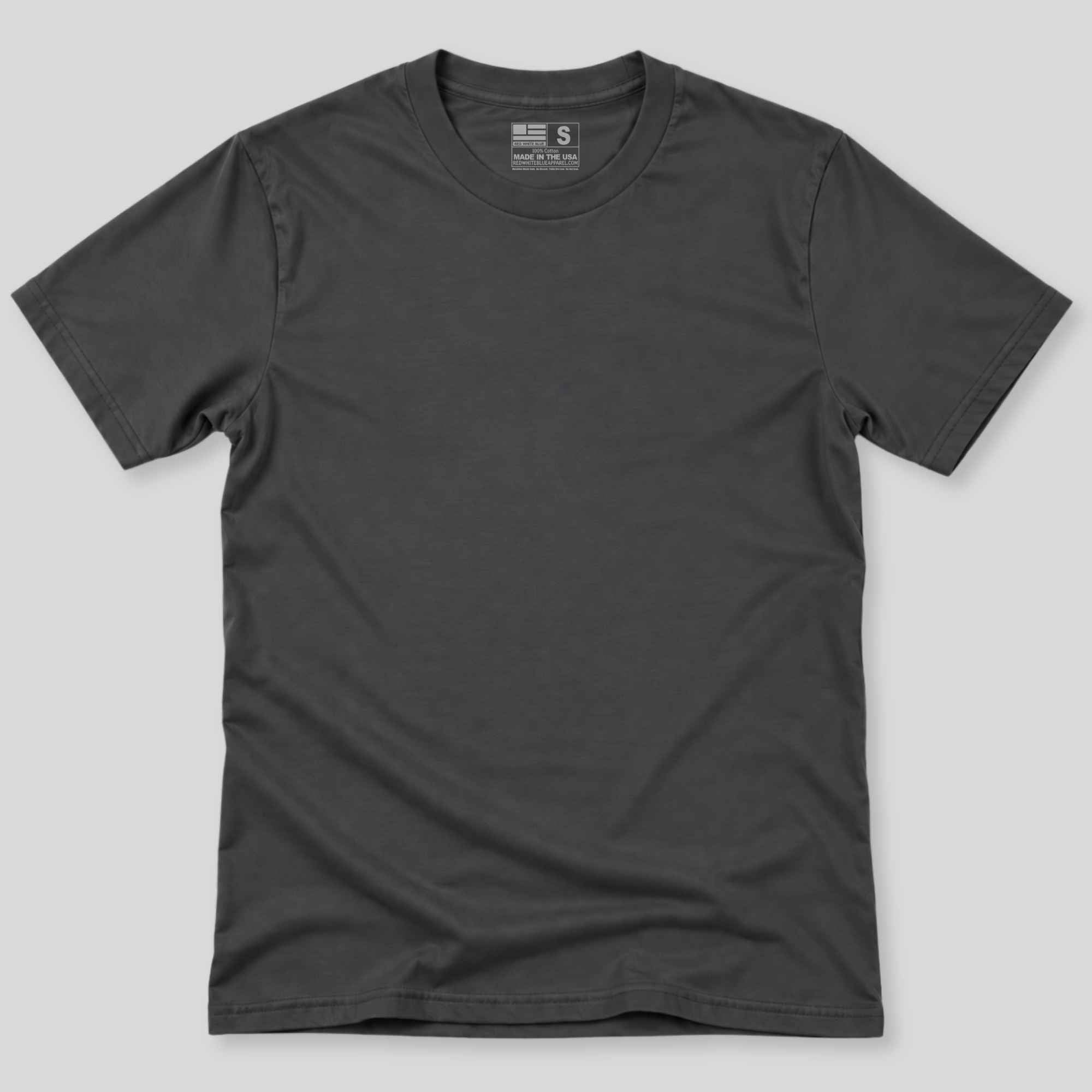 A dark charcoal gray short-sleeve crewneck t-shirt laid flat against a light gray background.
