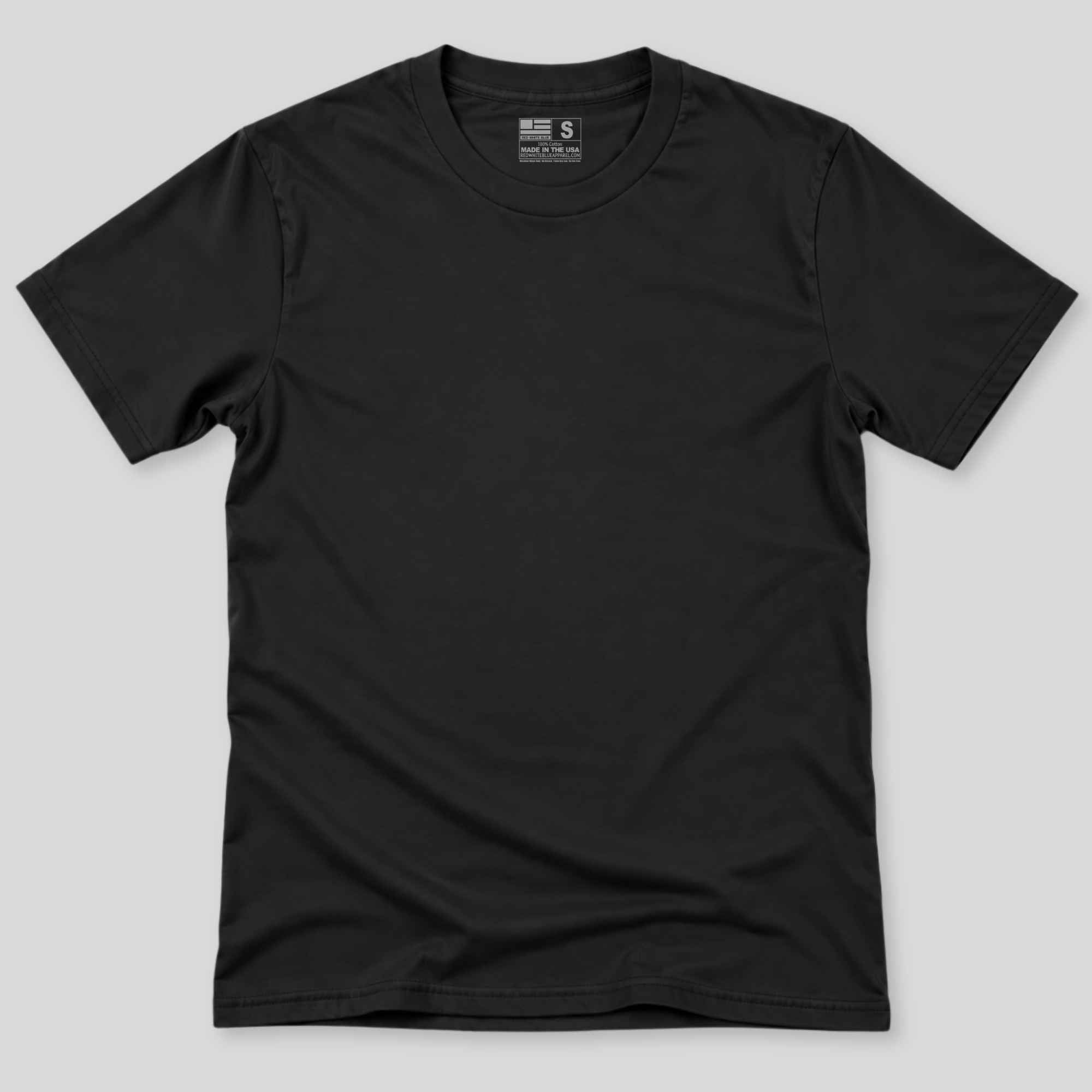 A black short-sleeve crewneck t-shirt laid flat against a light gray background.