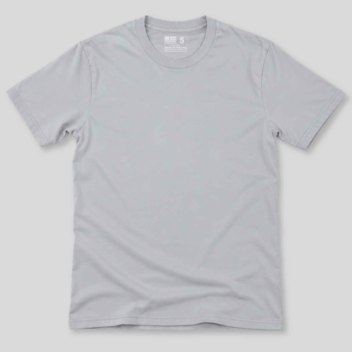 A light gray crewneck short-sleeve t-shirt laid flat against a neutral light gray background.