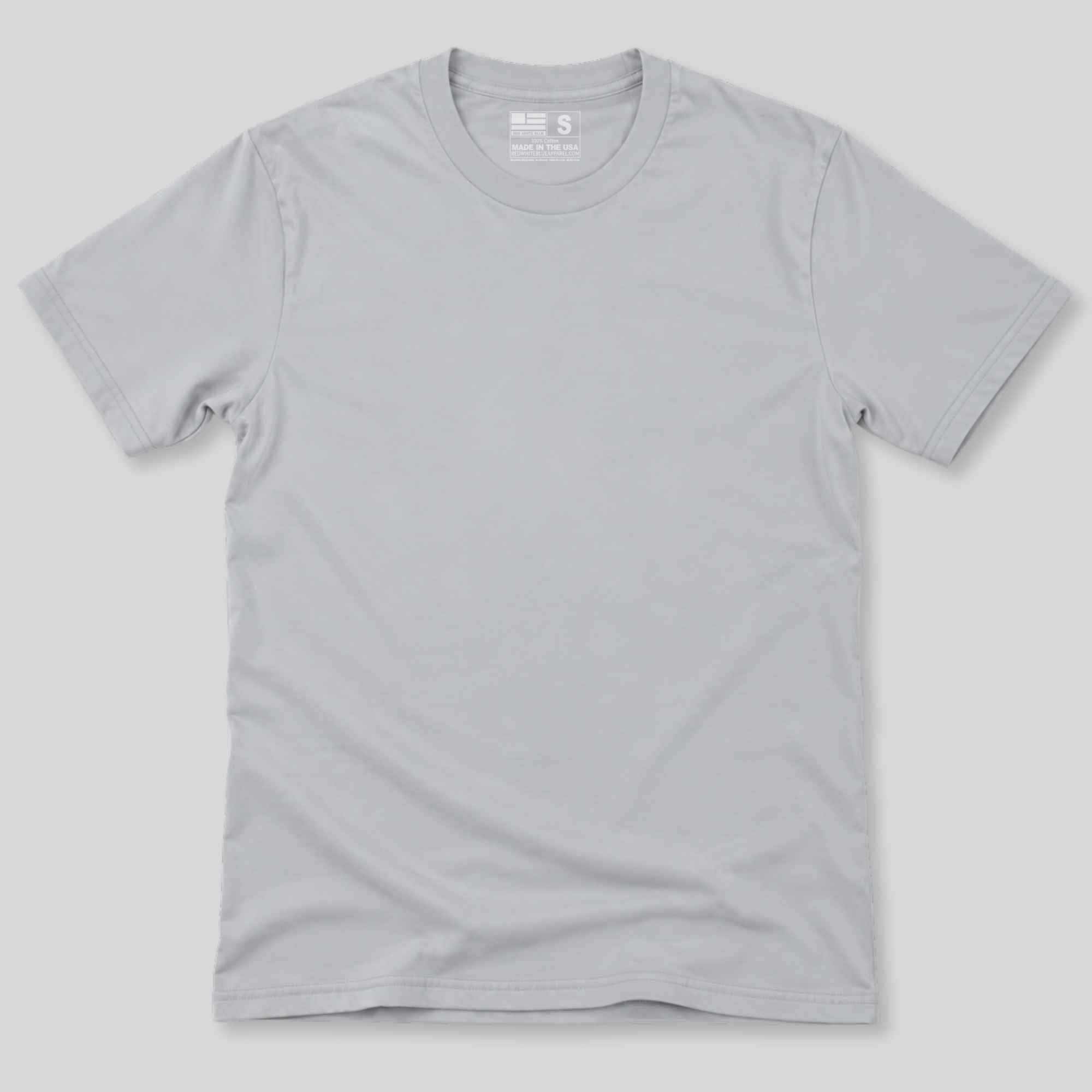 A light gray crewneck short-sleeve t-shirt laid flat against a neutral light gray background.