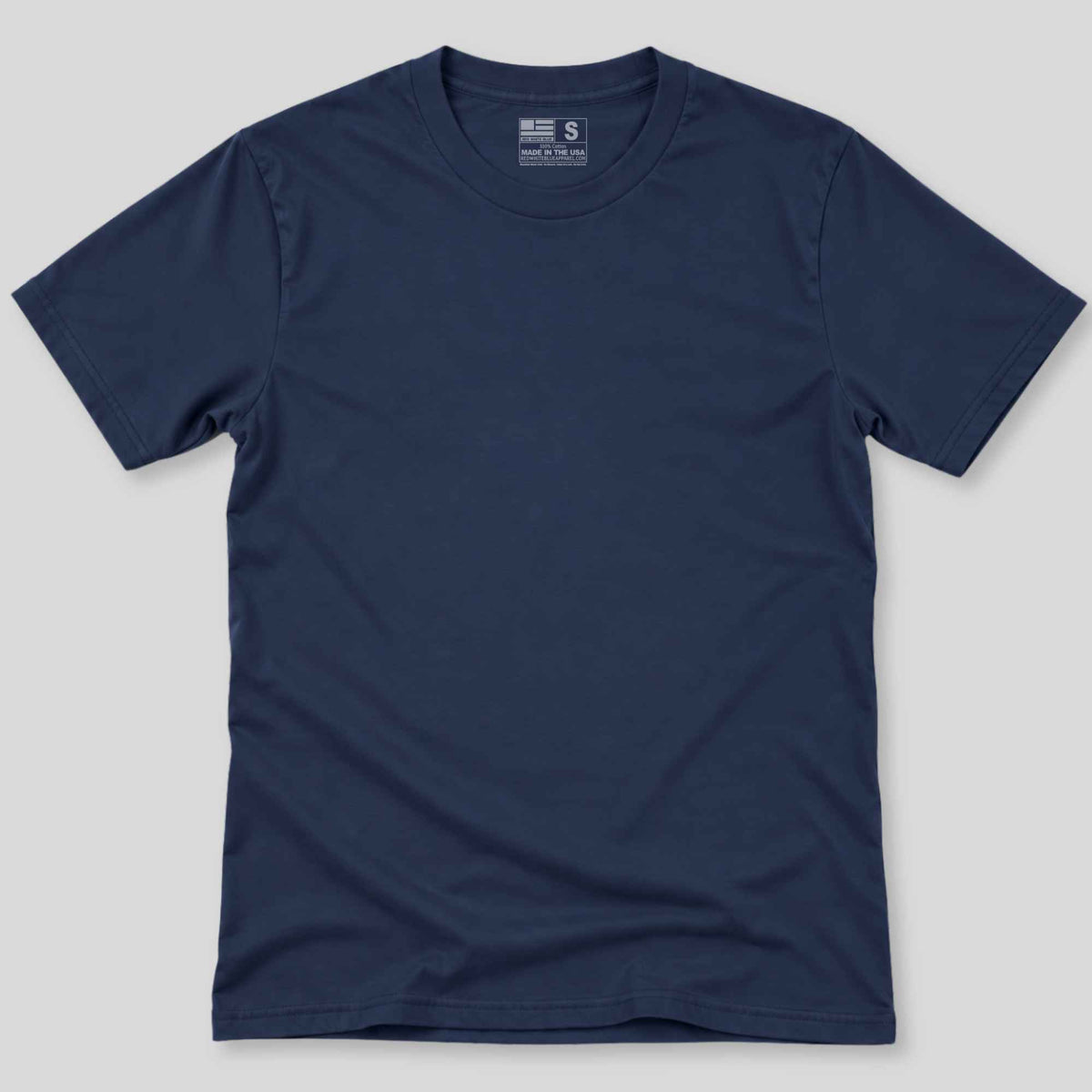 A navy blue short-sleeve crewneck t-shirt laid flat against a light gray background.