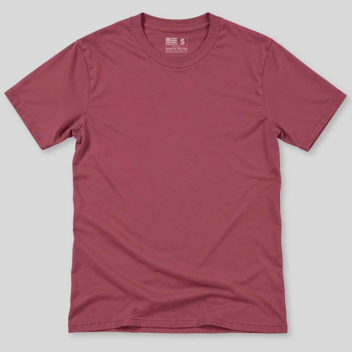 A short-sleeve crewneck t-shirt in a dusty rose or mauve color, laid flat against a light gray background.