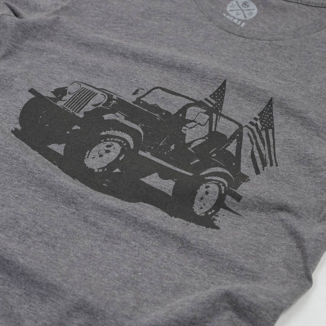 Women's Patriotic American Flag Jeep T-Shirt/ Made in USA front