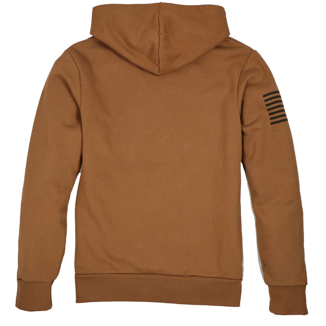 Men's Patriotic American Flag on Sleeve Heavyweight 100% Cotton Work Hoodie - no strings in Workwear Brown with Black Flag | Made in the USA