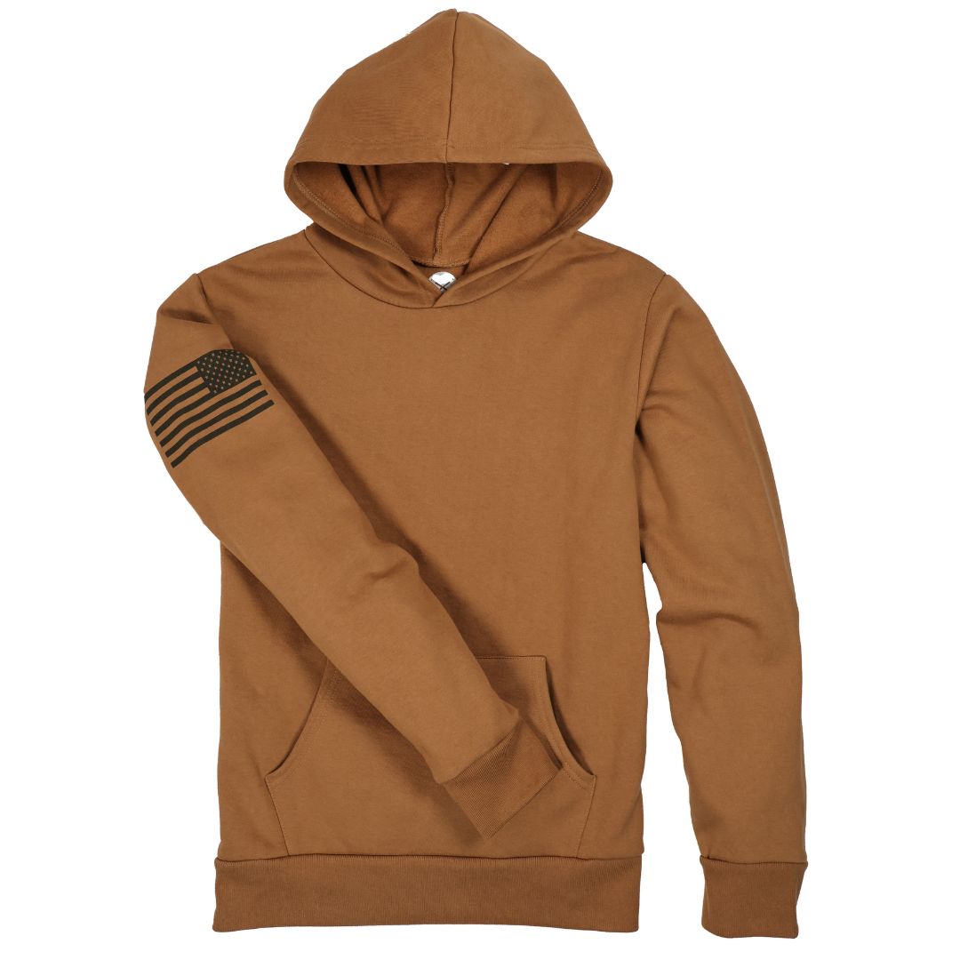 Men's Patriotic American Flag on Sleeve Heavyweight 100% Cotton Work Hoodie - no strings in Workwear Brown with Black Flag | Made in the USA