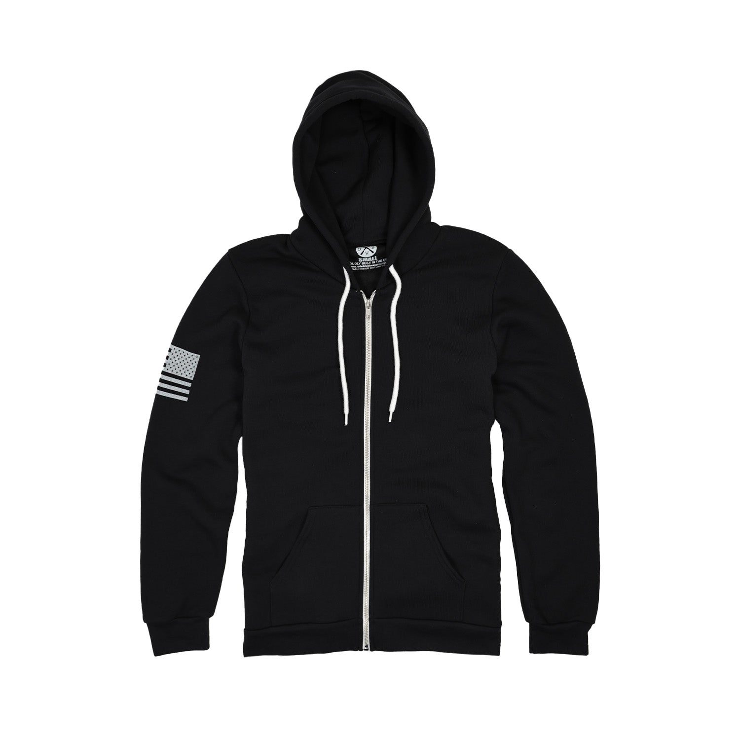 American Patriotic Flag on Sleeve Zip Up Hooded Sweatshirt | Made in USA | Black