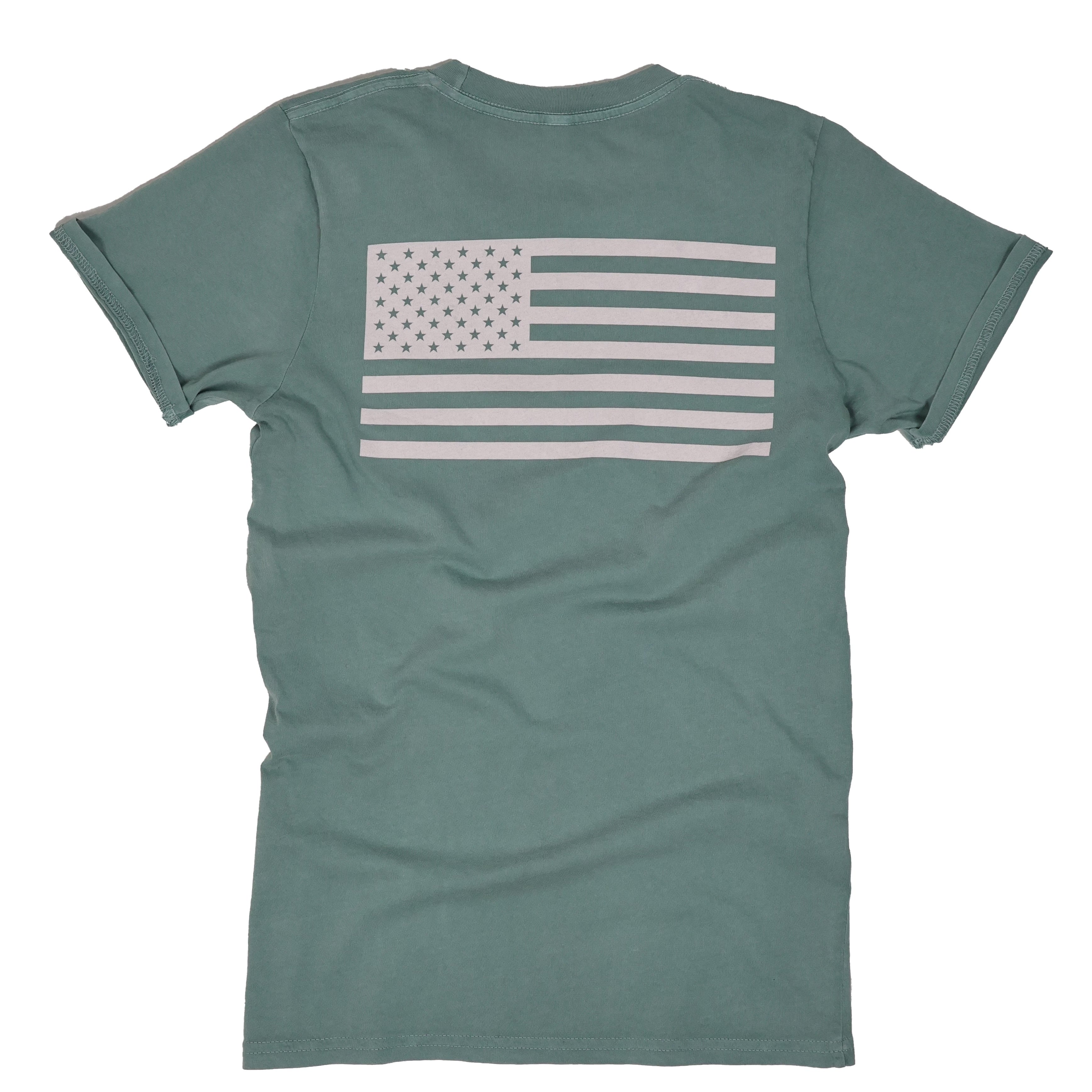 Women's Patriotic Live Free American Flag T-Shirt | American Made -  Back USA Flag  - Sage