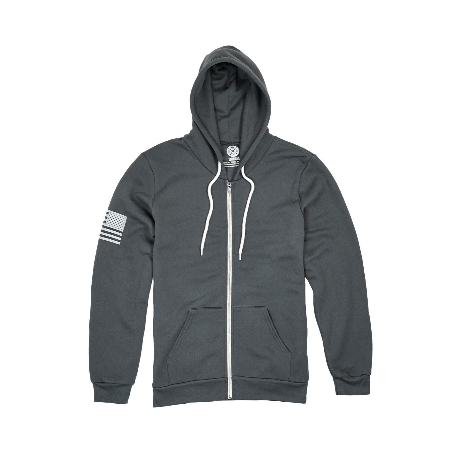 American Patriotic Flag on Sleeve Zip Up Hooded Sweatshirt | Made in USA | Asphalt