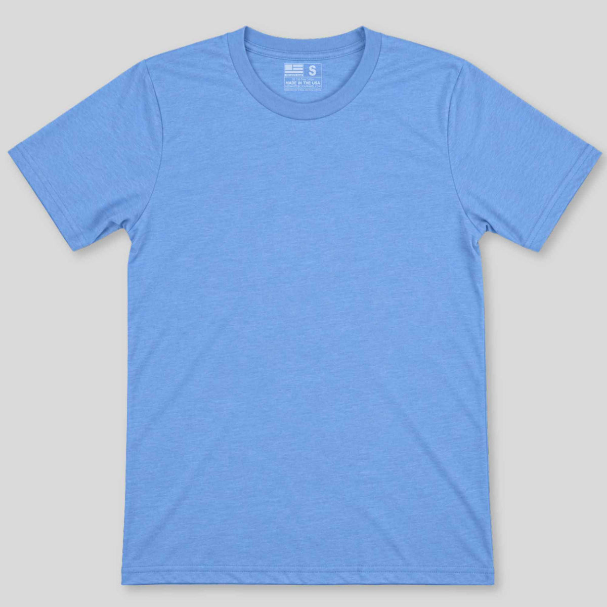 A light blue heather crewneck t-shirt laid flat against a neutral light gray background.