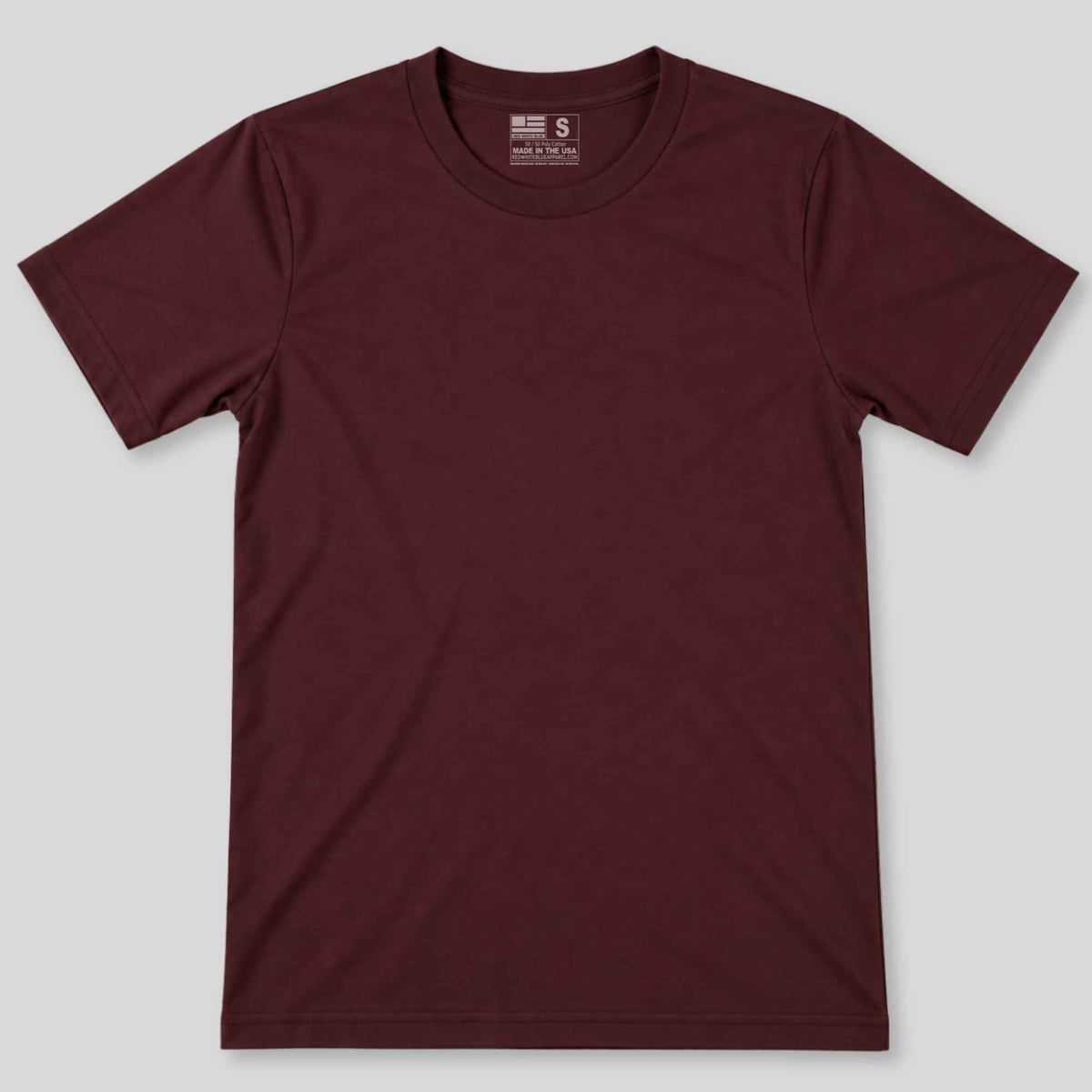 A classic short-sleeve crewneck t-shirt in a deep burgundy color, laid flat against a neutral light gray background.