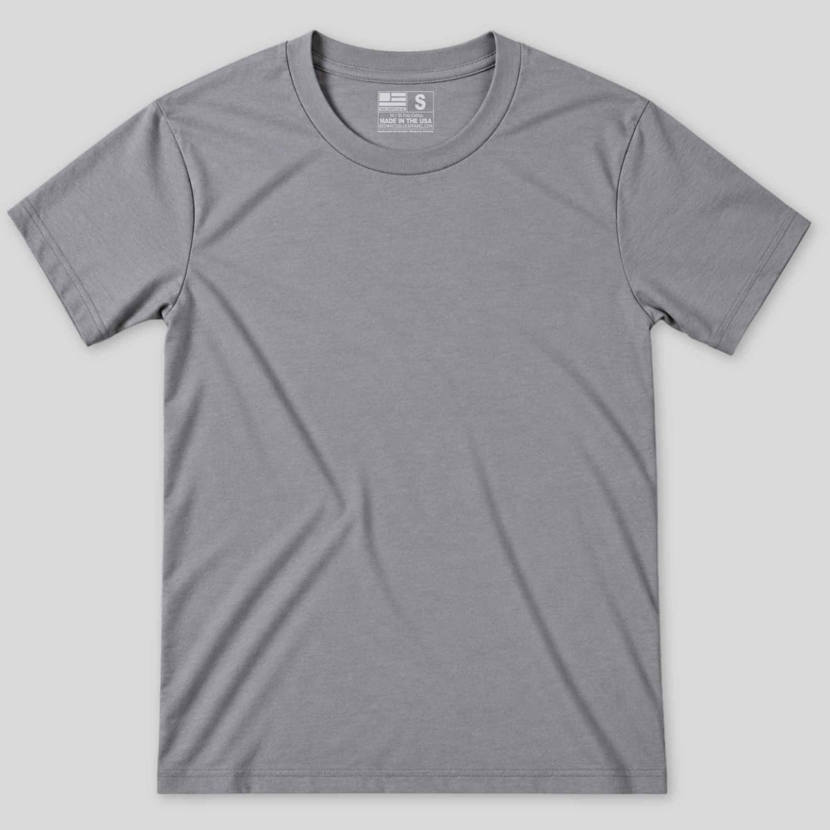 A classic short-sleeve crewneck t-shirt in heather gray, laid flat against a light gray background.