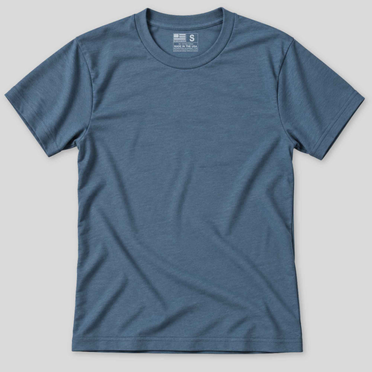 A short-sleeve crewneck t-shirt in a heathered slate blue color, laid flat against a light gray background.
