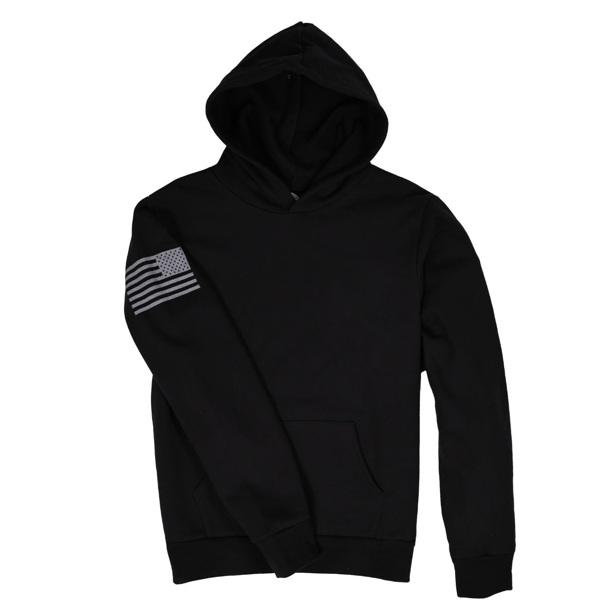 Men's Patriotic American Flag on Sleeve Heavyweight 100% Cotton Work Hoodie - no strings in Black with Silver Flag | Made in the USA
