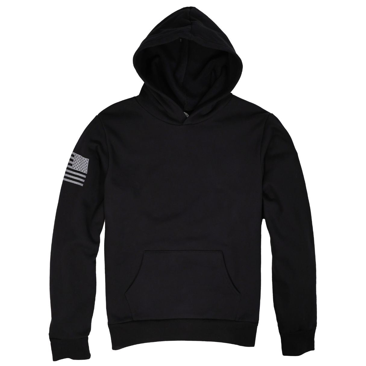 Men's Patriotic American Flag on Sleeve Heavyweight 100% Cotton Work Hoodie - no strings in Black with Silver Flag | Made in the USA