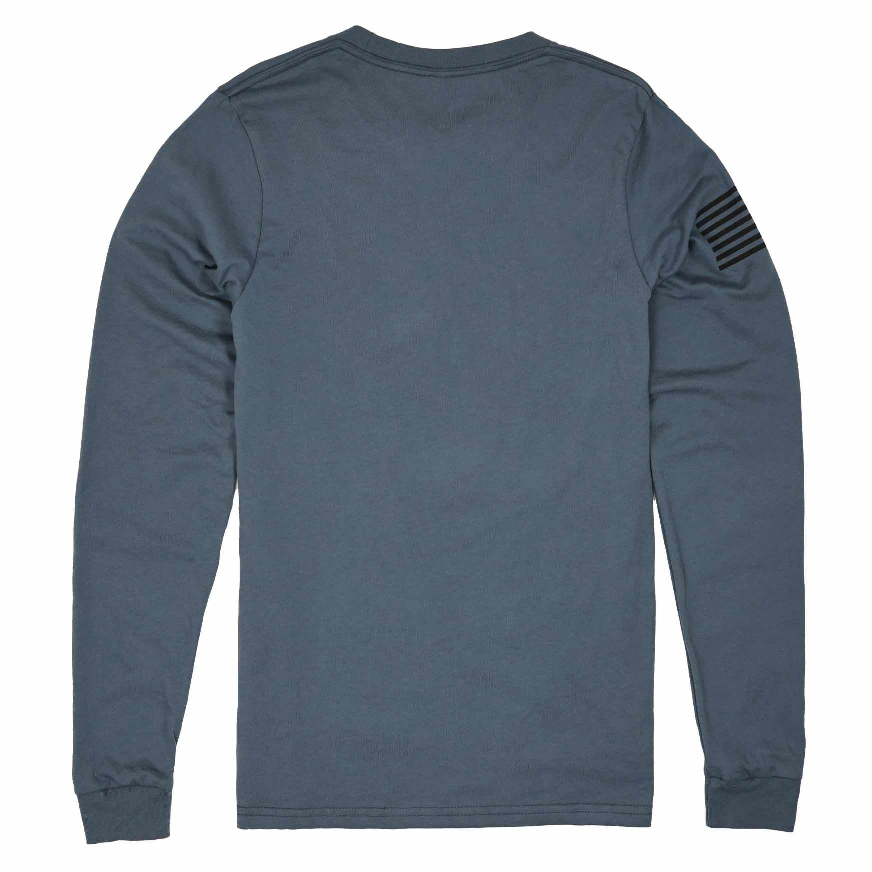 American Made Long Sleeve Patriotic Flag on Sleeve  50/50 Poly Cotton Blend Sea Blue