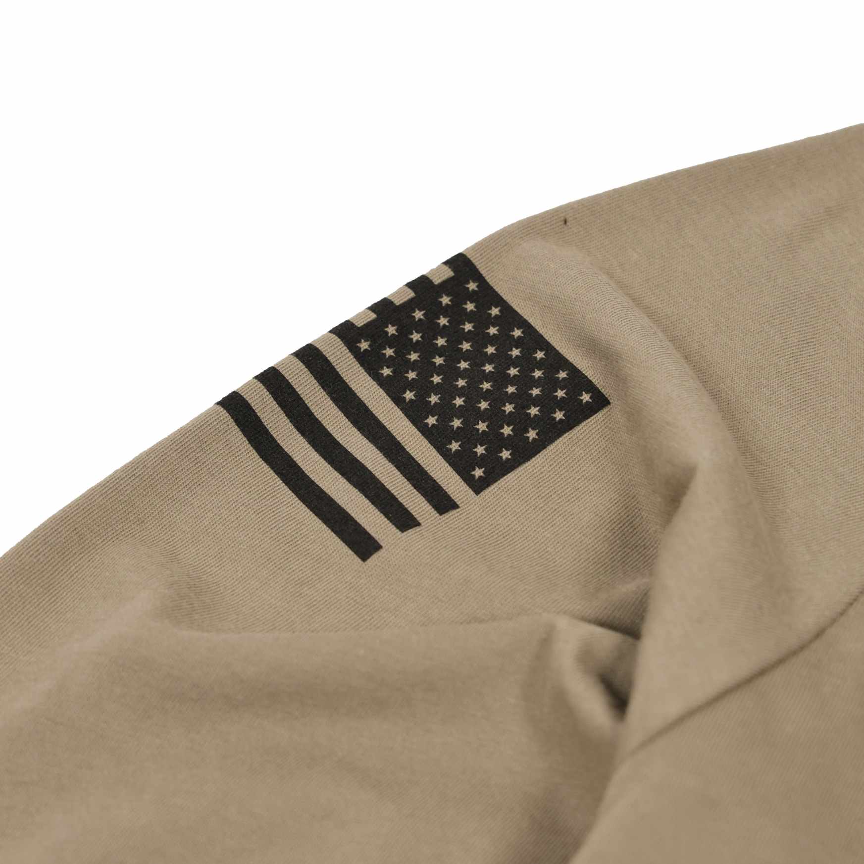 American Made Long Sleeve Patriotic Flag on Sleeve  50/50 Poly Cotton Blend Made in USA - Sand tan