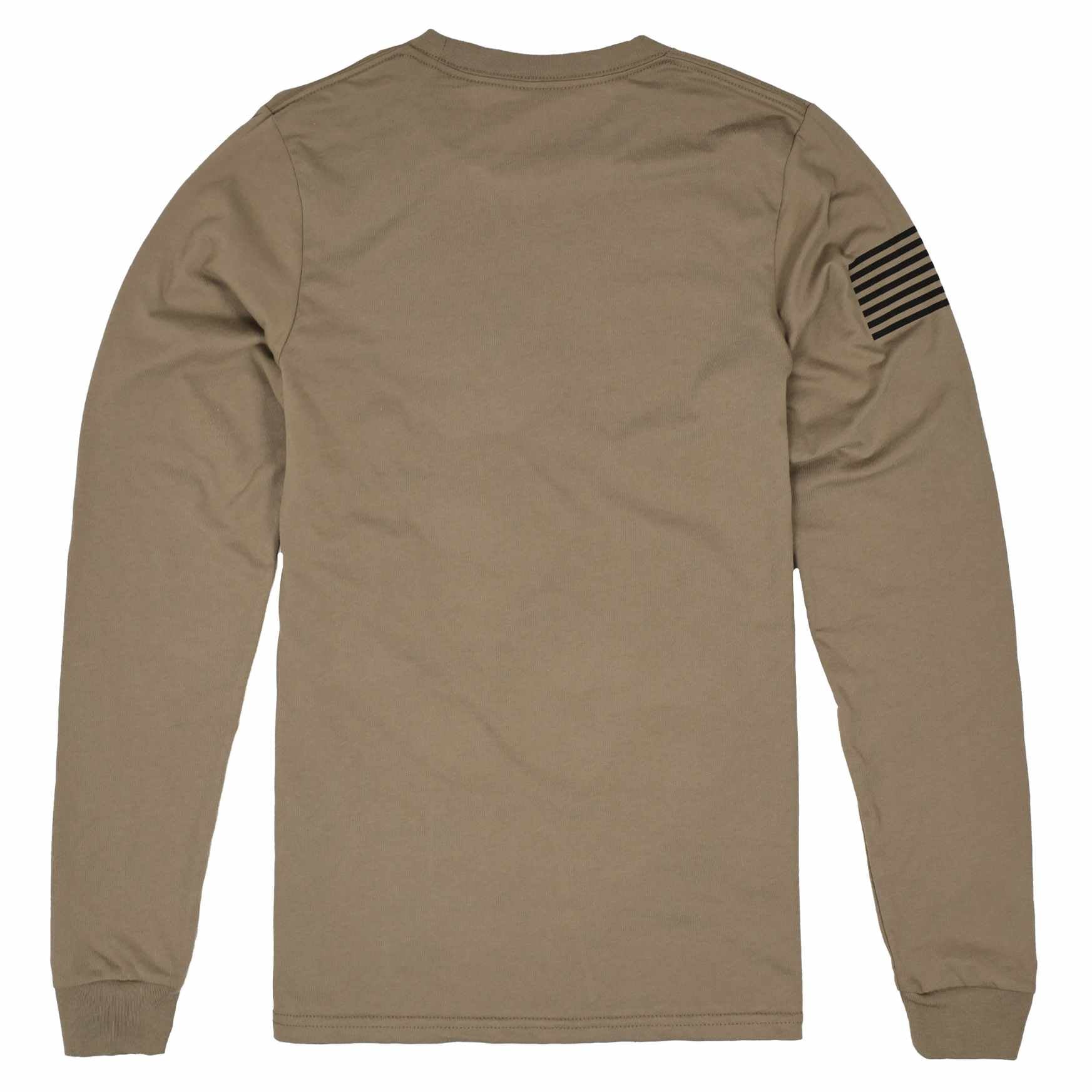 American Made Long Sleeve Patriotic Flag on Sleeve  50/50 Poly Cotton Blend Made in USA - Sand tan