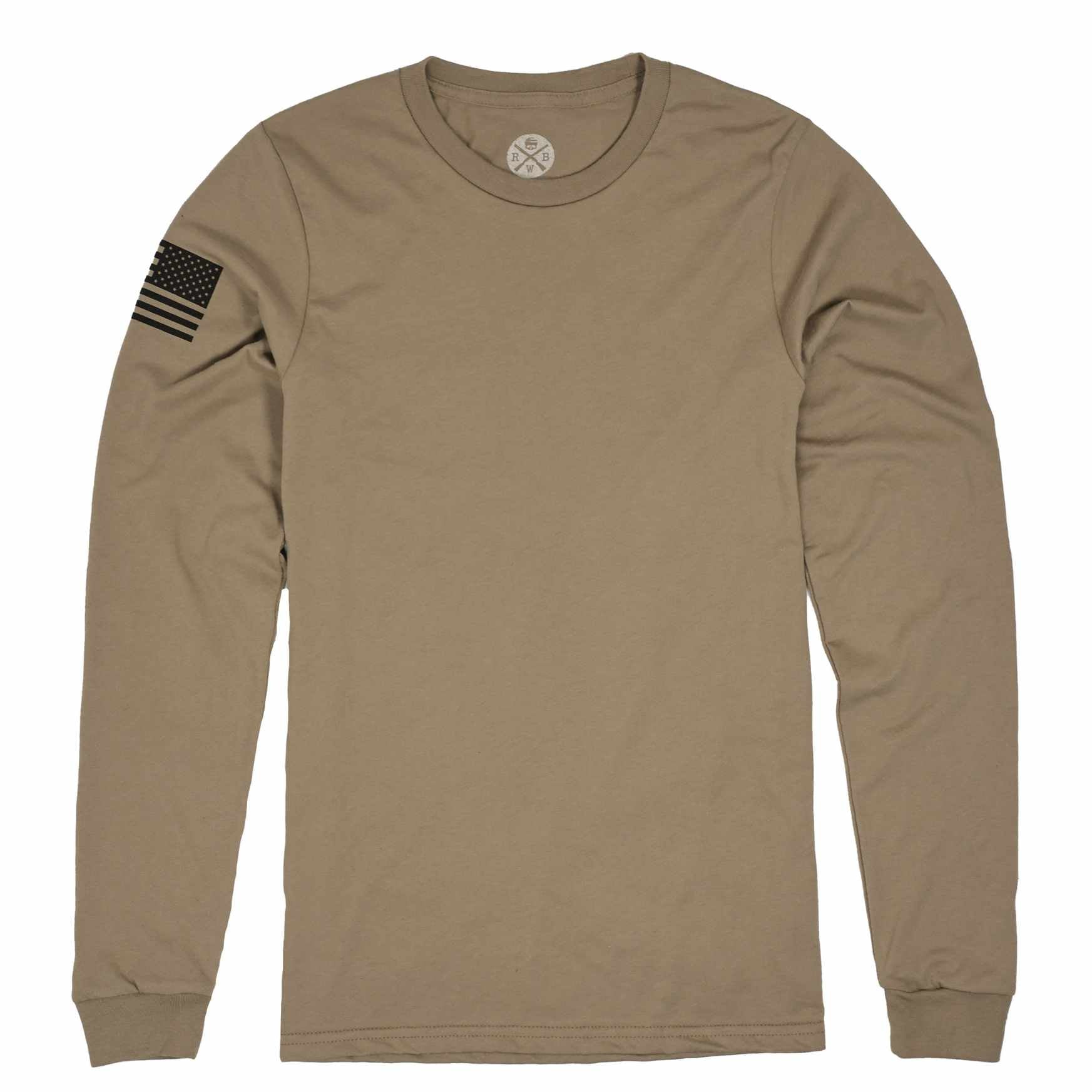 American Made Long Sleeve Patriotic Flag on Sleeve  50/50 Poly Cotton Blend -Sand tan