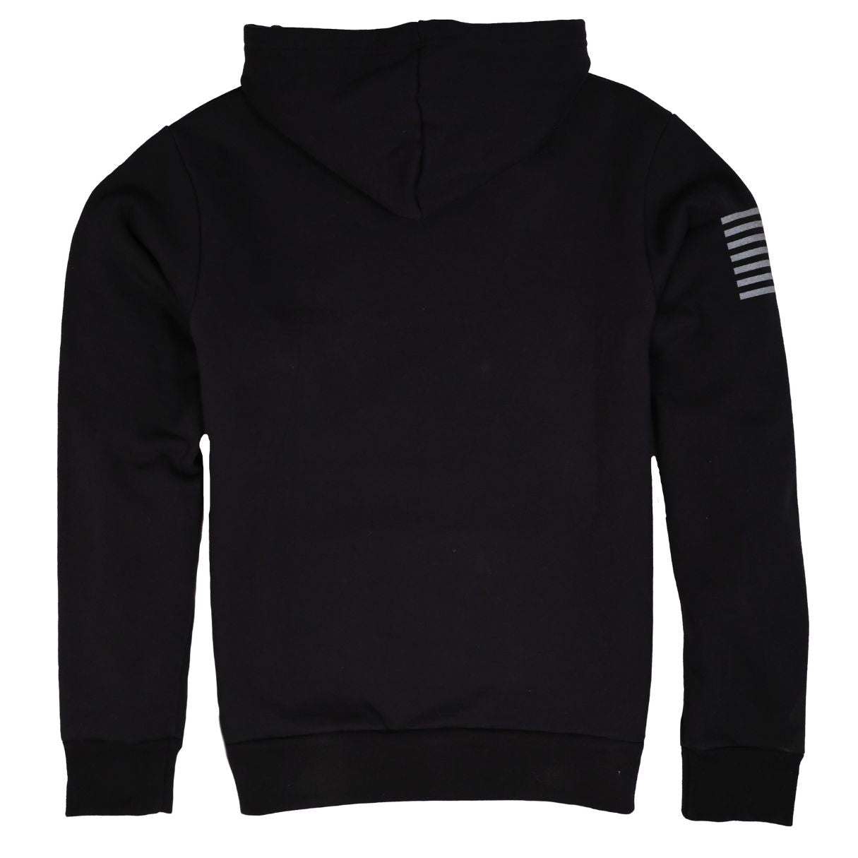 Men's Patriotic American Flag on Sleeve Heavyweight 100% Cotton Work Hoodie - no strings in Black with Silver Flag | Made in the USA