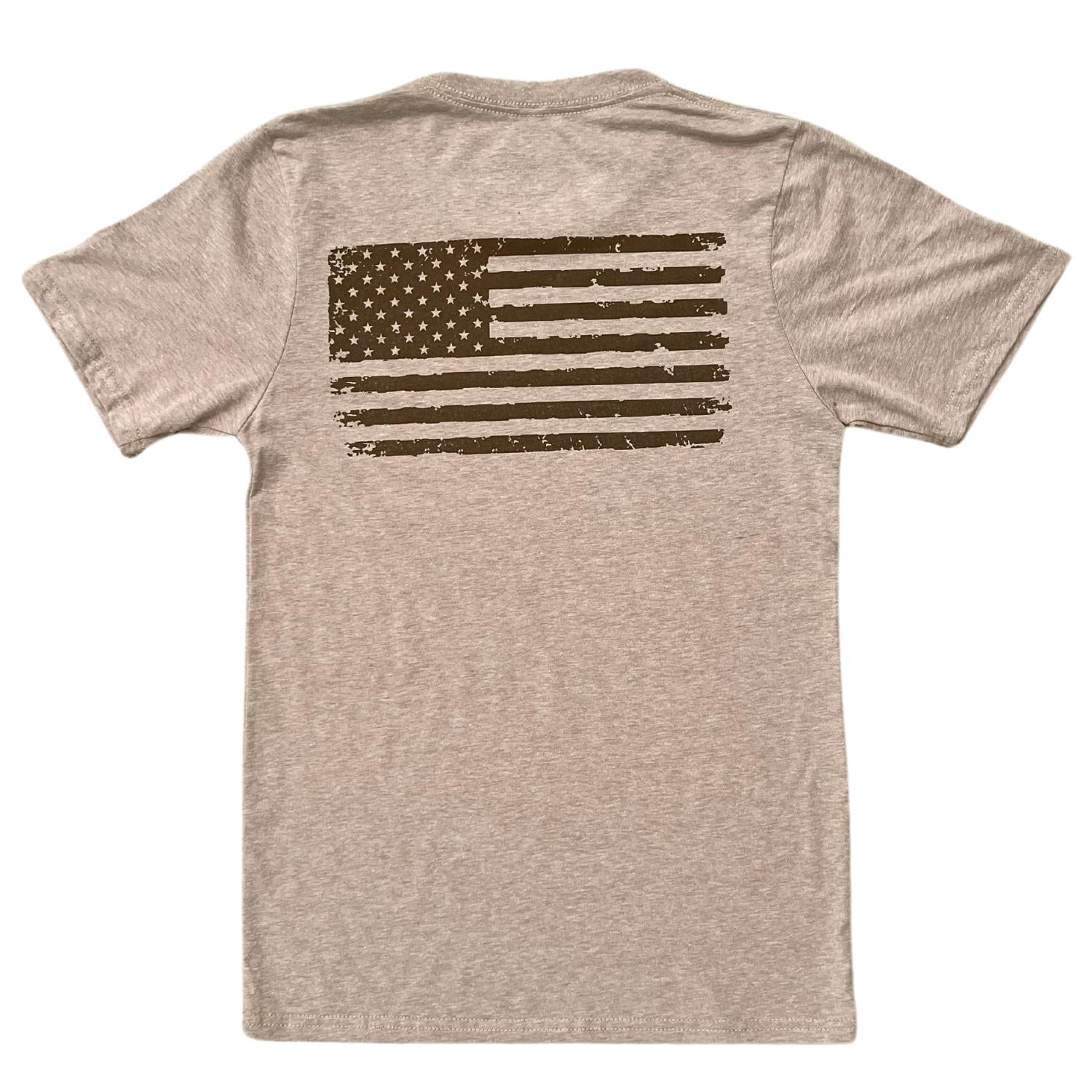 Men's Old Glory Patriotic American Flag and RWB Logo T-shirt/ Made in USA  (Sand) Back View