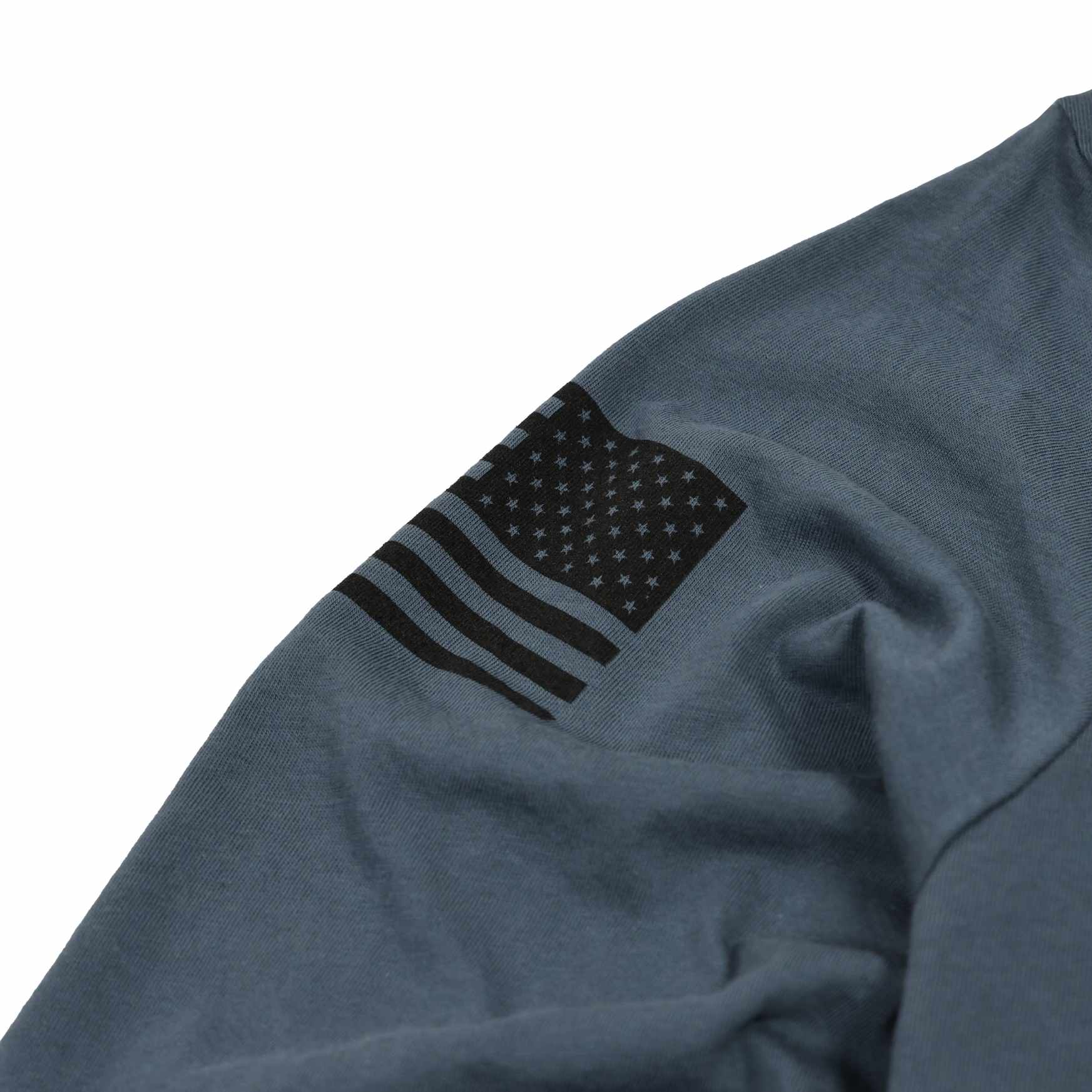 American Made Long Sleeve Patriotic Flag on Sleeve  50/50 Poly Cotton Blend Sea Blue