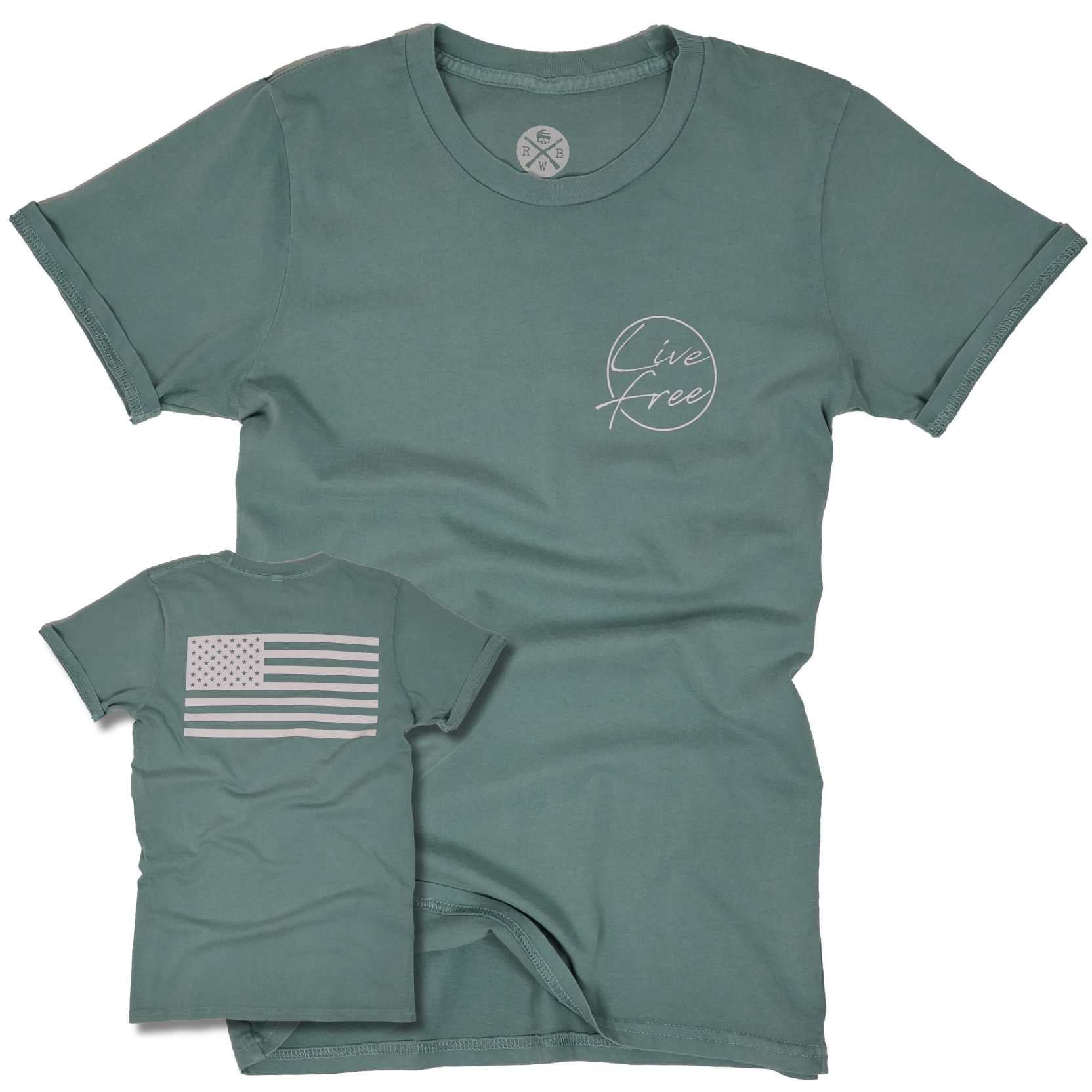 Women's Patriotic Live Free American Flag T-Shirt | American Made - Sage